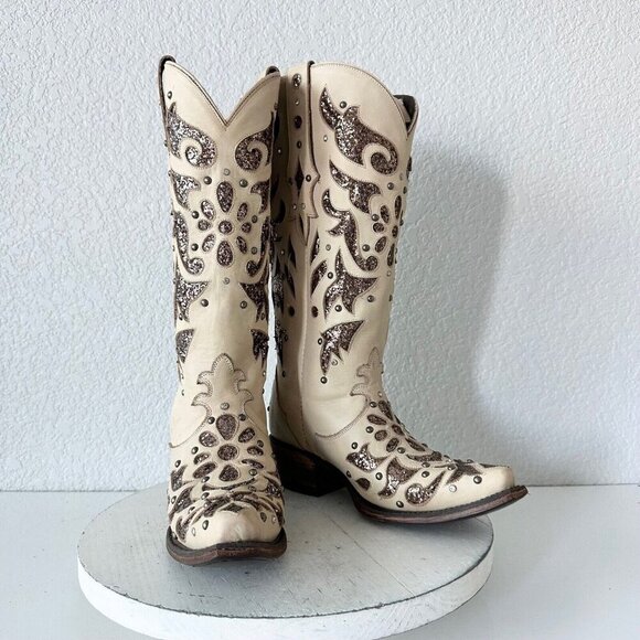 NEW Lane Womens Cowboy Boots 6 Tan Gold Western Cowgirl Mid Calf Pointed Toe - Picture 2 of 14